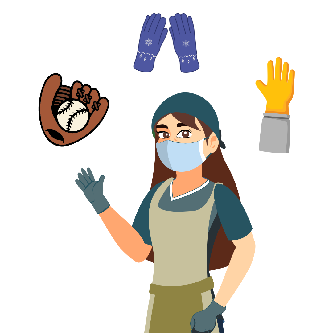 Women wearing medical gloves and a baseball glove, winter gloves and beekeeping glove in the background